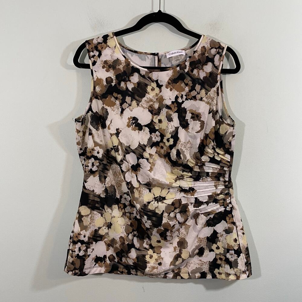 Calvin Klein Women Floral Pleated Side Sleeveless Blouse Size PL